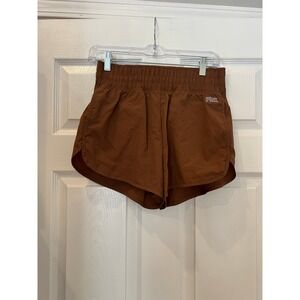 PINK Active Shorts Polyamide Rust Brown Smocked High Rise Dolphin Hem Gorpcore